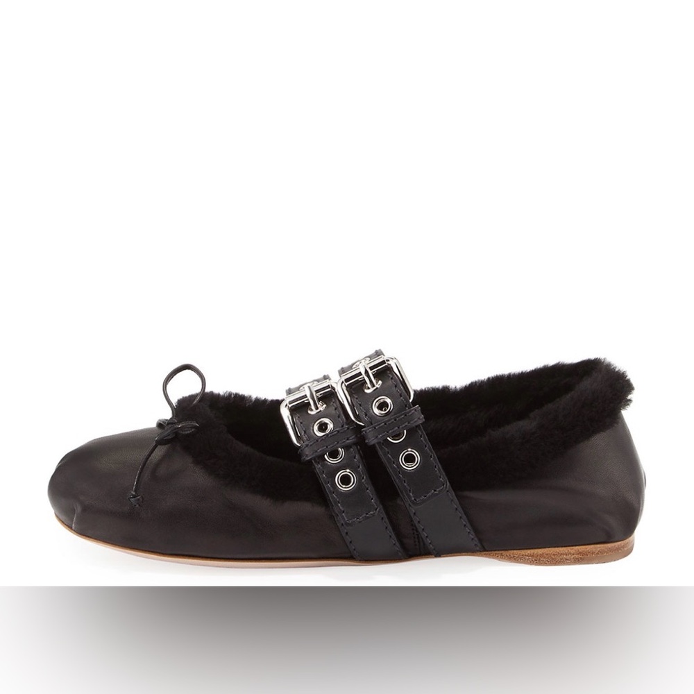 Miu Miu Black Fur Ballet Flats with Buckle Detail, Size 37.5